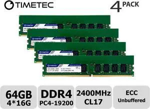 Timetec Hynix IC 64GB KIT (4x16GB) DDR4 2400MHz PC4-19200 Unbuffered ECC 1.2V CL17 2Rx8 Dual Rank 288 Pin UDIMM Server Memory RAM Module Upgrade (64GB KIT (4x16GB))