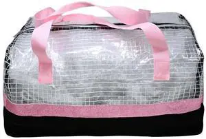 Girls Clear Checkered PVC Duffel Bag with Glitter Trim, Handles and 300D Black Polyester Bottom, Carry-On Overnight Travel Kids Backpack