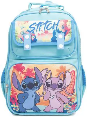 Disney Stitch & Angel 15.5" Polyester Blue Large Backpack with 2 Front Pockets
