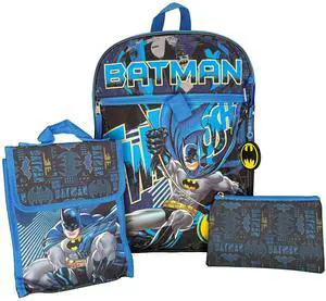 DC Batman Kids School Backpack 16" 5PC Lunch Kit, Keychain, Metal Carabiner, Batman keychain, and utility case