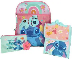 Disney Stitch Kids School Backpack 16" 5PC Lunch Kit, Keychain, Metal Carabiner, Batman keychain, and utility case