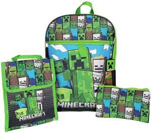 Minecraft Kids School Backpack 16" 5PC Lunch Kit, Keychain, Metal Carabiner, Batman keychain, and utility case