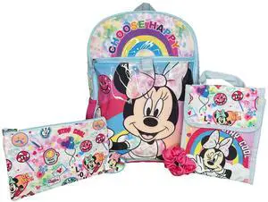 Disney Minnie Mouse Kids School Backpack 16" 5PC Lunch Kit, Keychain, Scrunchie, keychain, and utility case