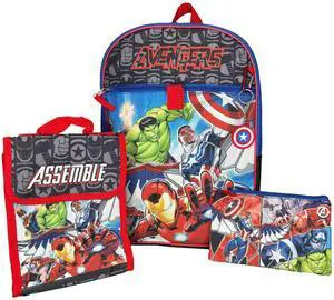Marvel Avengers Kids School Backpack 16" 5PC Lunch Kit, Keychain, Metal Carabiner, keychain, and utility case