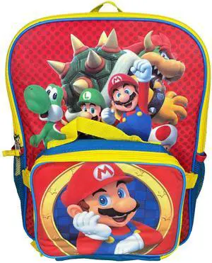 Super Mario Bros 16" School Backpack with Large Pocket & Circular Lunch Bag