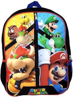 Nintendo Super Mario Bros 16" Polyester School Backpack with Front Zipper and two Side Mesh Pockets