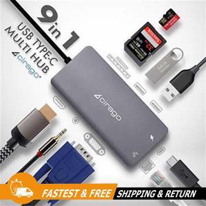 Cirago 9-in-1 9" Multiple Hub Adapter for USB-C, HDMI, VGA, Audio, Ethernet, 2 USB 3.0 Ports, SD Card Reader, PD Charging Port Hub Station