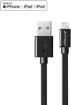 Cirago 6Ft Flat Lightning Sync/Charging USB Cable MFi Certified for Apple, Black