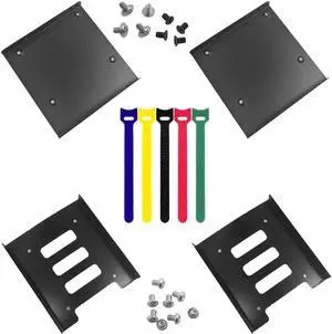 4 Pack SSD Mounting Bracket Kit 2.5 to 3.5 Drive Bay Metal Mounting Bracket Adapter Hard Drive Holder with 10 Assorted Colors Reusable Cord Organizer