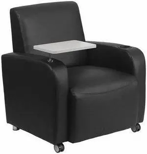 Black Leather Guest Chair with Tablet Arm, Front Wheel Casters and Cup Holder