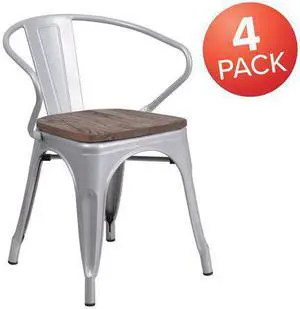 FLASH FURNITURE 4-CH-31270-SIL-WD-GG Silver Metal Chair with Wood Seat and Arms