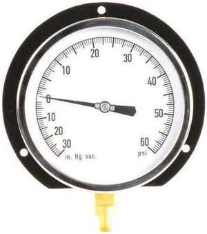 ZORO SELECT 11A509 Compound Gauge, -30 to 0 to 60 in Hg/psi, 1/4 in MNPT,