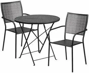 Flash Furniture Oia Indoor-Outdoor 30" Round Steel Folding Patio Table Set with 2 Square Back Chairs Black (CO30BKF02CHR2BK)