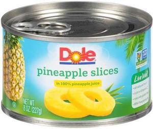 DOLE 01139 Dole In 100% Juice Ez Open Slice Pineapple 8 oz. Can, PK12