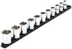 TEKTON SHD92101 1/2 Inch Drive 6-Point Socket Set with Rail, 11-Piece (3/8-1