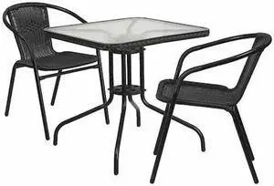 Flash Furniture Lila 28'' Square Table with 2 Rattan Stack Chairs Black (TLH073SQ037BK2)