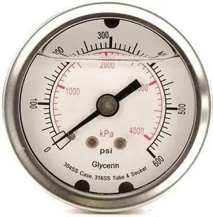 ZORO SELECT 4CFP6 Commercial Pressure Gauge, 0 to 600 psi, 2 in Dial, 1/4 in