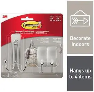 COMMAND 17036BN-VPES Hook, Nickel, Metal, 1 19/32 in D, PK3