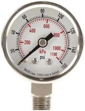 ZORO SELECT 4FMJ3 Commercial Pressure Gauge, 0 to 160 psi, 1 1/2 in Dial, 1/8
