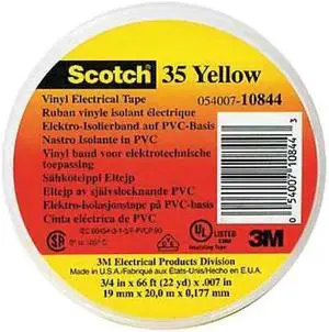 3M 35-YELLOW-1/2X20FT Electrical Tape, 7 mil, 1/2"x20 ft, Yellow, PK100