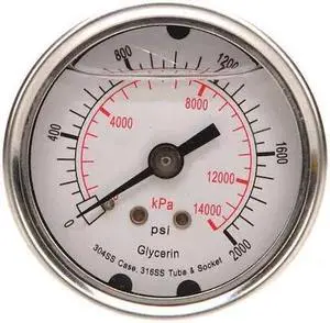 ZORO SELECT 4CFP8 Commercial Pressure Gauge, 0 to 2,000 psi, 2 in Dial, 1/4 in