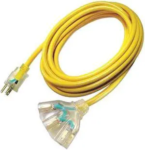 ZORO SELECT 4GAD3 SJTOW Extension Cord, 10 AWG 3 Outlets, 5-15R, Yellow, PVC,