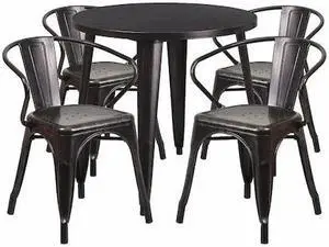 30'' Round Black-Antique Gold Metal Indoor-Outdoor Table Set with 4 Arm Chairs