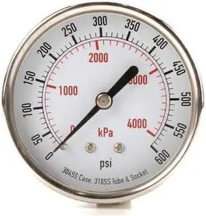 ZORO SELECT 4FMX1 Commercial Pressure Gauge, 0 to 600 psi, 2 1/2 in Dial, 1/4