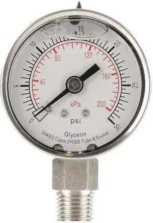 ZORO SELECT 4CFF6 Commercial Pressure Gauge, 0 to 30 psi, 2 in Dial, 1/4 in