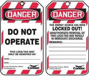CONDOR 48RU07 Lockout Tag, Danger, Plastic, 3 1/4 in Width, 5 3/4 in Height,
