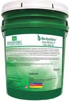 RENEWABLE LUBRICANTS 82134 Gear Oil,5 gal Sz,Light Golden RENEWABLE LUBRICANTS 82134 Gear Oil,5 gal Sz,Light Golden