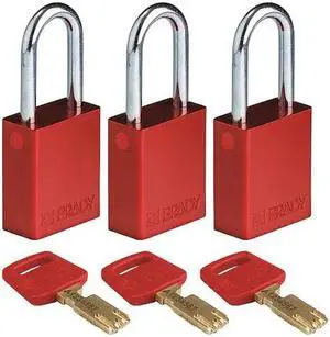 BRADY ALU-RED-38ST-KA3PK Lockout Padlock,Aluminum,Silver,PK3