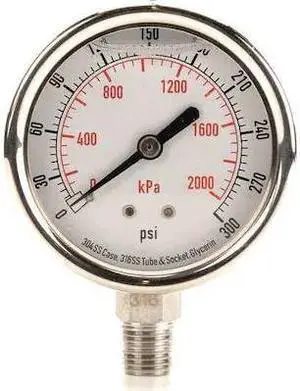 ZORO SELECT 4CFH7 Commercial Pressure Gauge, 0 to 300 psi, 2 1/2 in Dial, 1/4