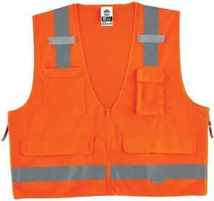 ERGODYNE 8250Z Orange Type R Class 2 Surveyors Vest,L/, Zipper closure Closure,
