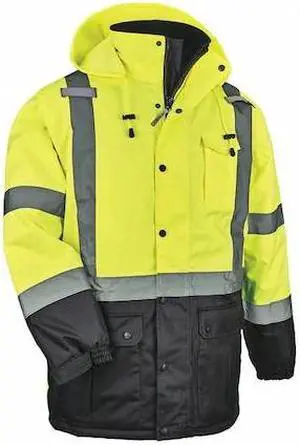 ERGODYNE 8384 Hi-Vis Parka, 300D Oxford Polyester, Class 3 Type R, Hi-Viz Lime,