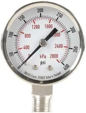 ZORO SELECT 4FML2 Commercial Pressure Gauge, 0 to 400 psi, 2 in Dial, 1/4 in