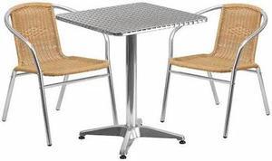 23.5'' Square Aluminum Indoor-Outdoor Table Set with 2 Beige Rattan Chairs
