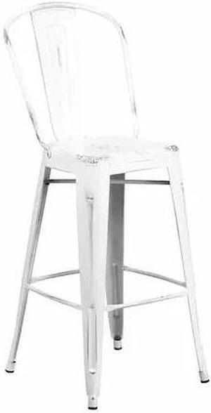 Commercial Grade 30" High Distressed White Metal Indoor-Outdoor Barstool with Back