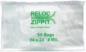 RELOC ZIPPIT 4R2424 Reclosable Bag, Zip Seal, 24 in L, 24 in W, 4 mil Thick,