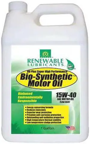 RENEWABLE LUBRICANTS 85353 Engine Oil, Bio-Synthetic, 15W-40, 1 Gal.