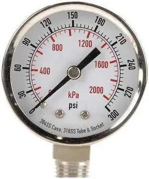 ZORO SELECT 4CFF7 Commercial Pressure Gauge, 0 to 60 psi, 2 in Dial, 1/4 in