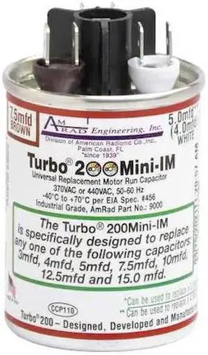 GLOBAL Turbo 200 Mini Motor Run Capacitor,2.5-15 MFD,370/440V