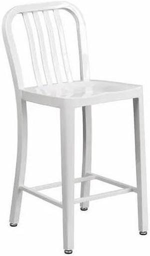 Commercial Grade 24" High White Metal Indoor-Outdoor Counter Height Stool with Vertical Slat Back