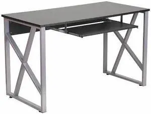 Black Computer Desk with Pull-Out Keyboard Tray and Cross-Brace Frame