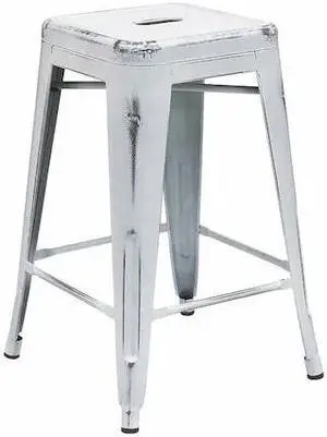 Commercial Grade 24" High Backless Distressed White Metal Indoor-Outdoor Counter Height Stool