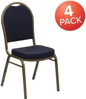 4 Pk. HERCULES Series Dome Back Stacking Banquet Chair with Navy Patterned Fabric and 2.5'' Thick Seat - Gold Frame