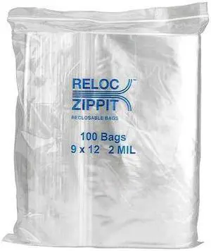 RELOC ZIPPIT R912 Reclosable Bag, 9in.L, 12in.W, 2 mil, PK1000
