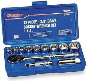 WESTWARD 4PL88 3/8" Drive Socket Wrench Set SAE 12 Pieces 3/8 in to 7/8 in ,