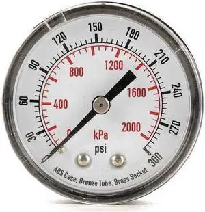 ZORO SELECT 4FMC9 Pressure Gauge, Commercial, 0 to 300 psi, 2 in Dial, Acrylic