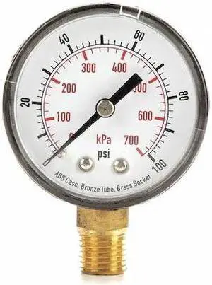 ZORO SELECT 4FLU1 Pressure Gauge, 0 to 100 psi, 1/4 in MNPT, Plastic, Black